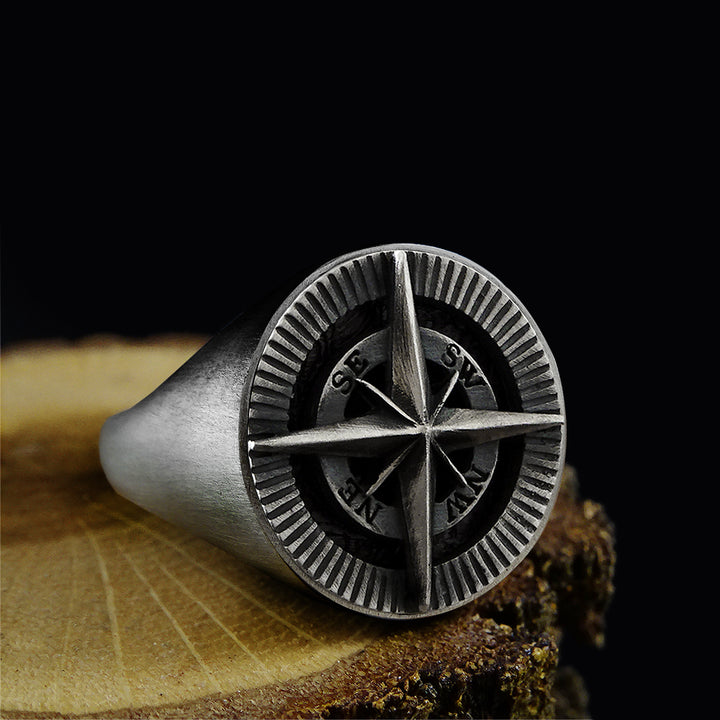 compass men's ring silver